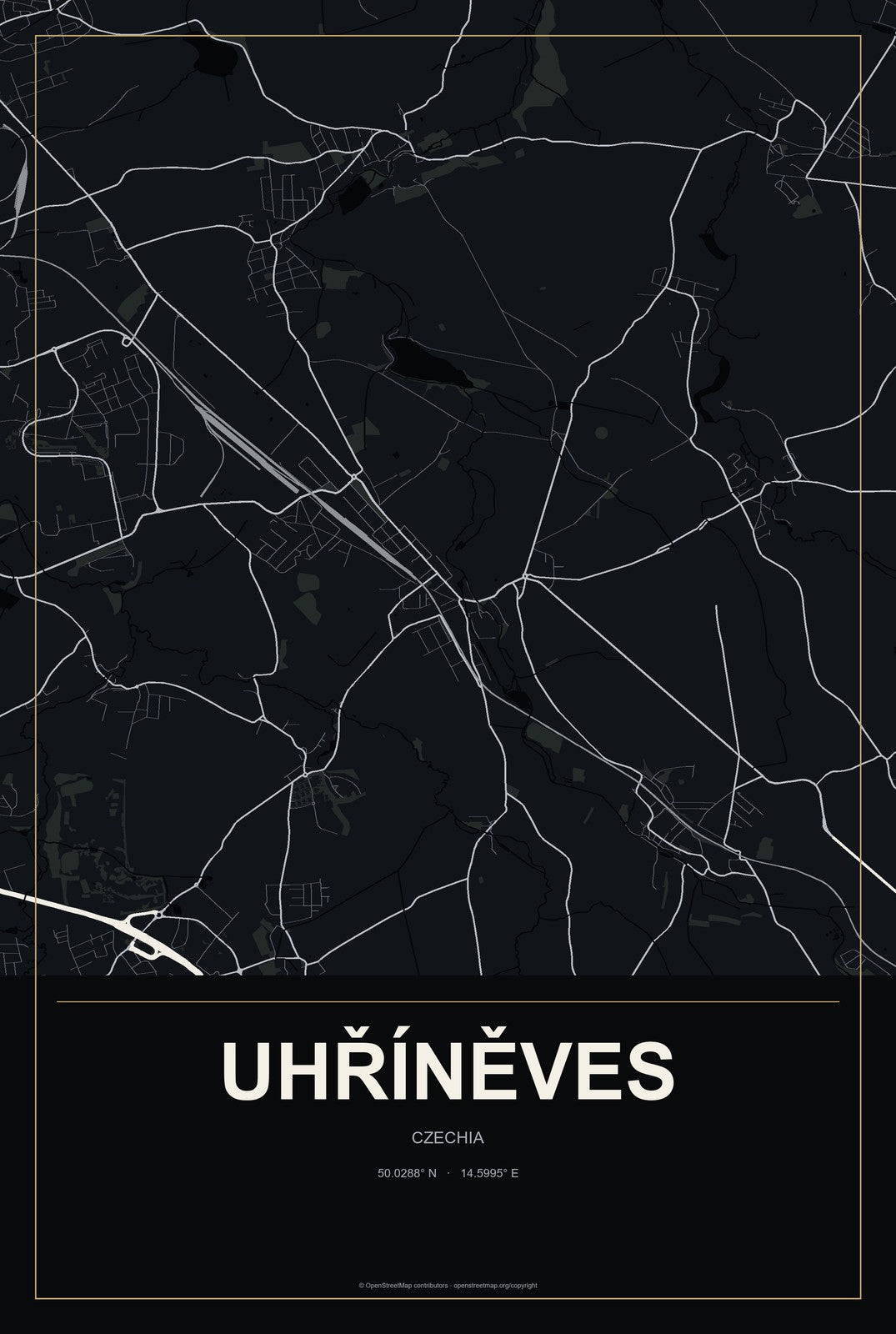 Uhříněves, Czechia City Map Aluminum Sign in Metropolitan Noir style