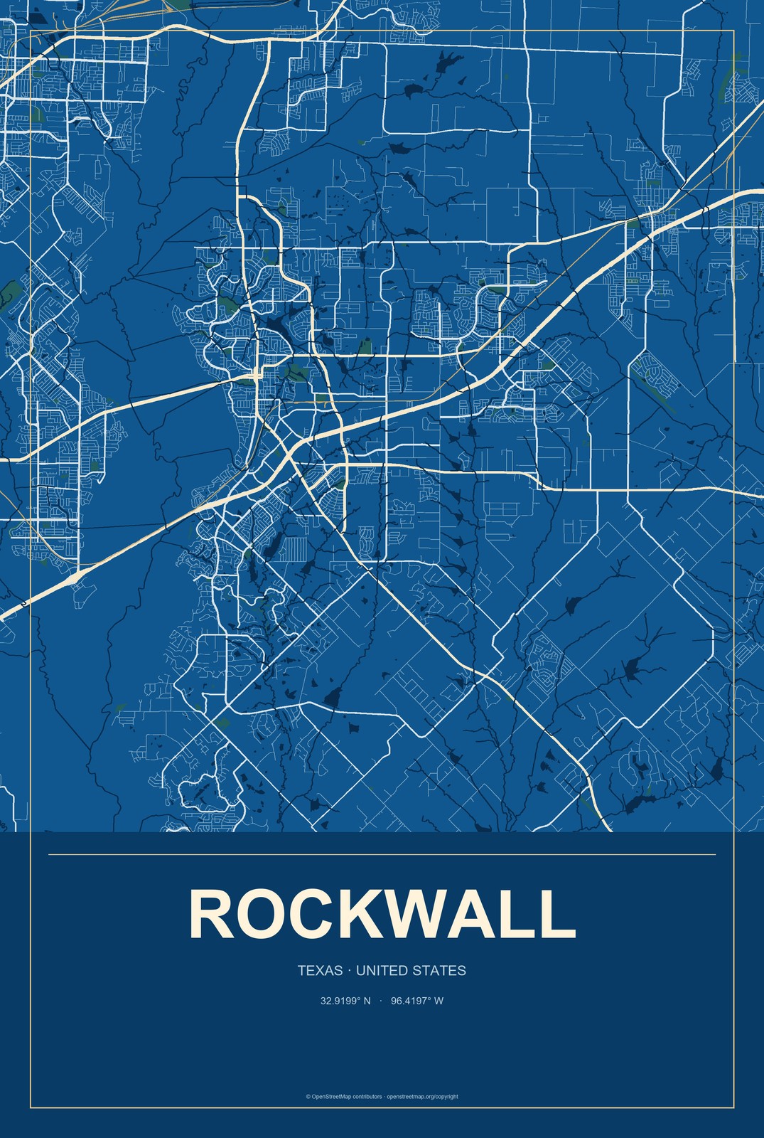 Rockwall, Texas City Map Aluminum Sign in Harbor Cobalt style