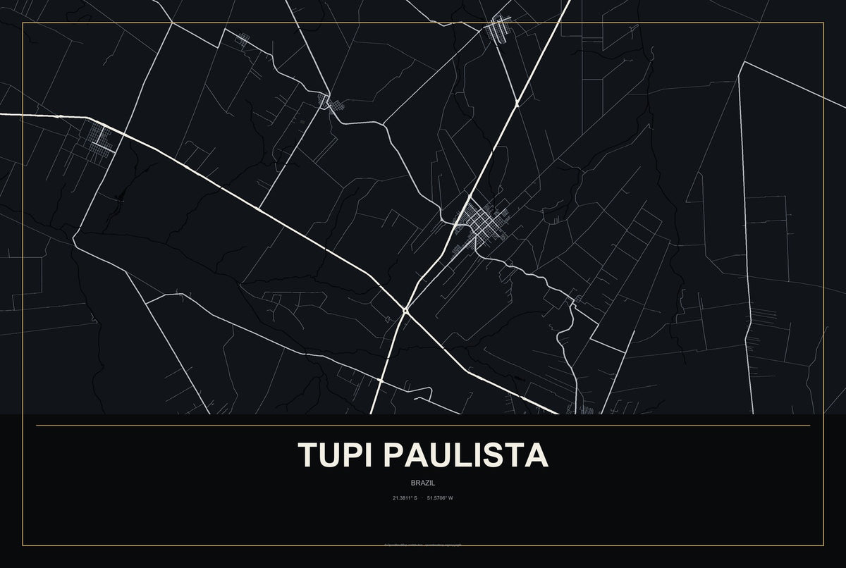 Tupi Paulista, Brazil City Map Aluminum Sign in Metropolitan Noir style