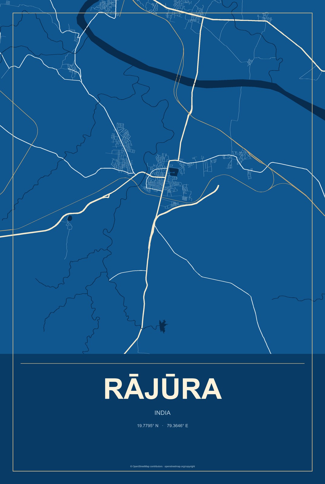 Rājūra, India City Map Aluminum Sign in Harbor Cobalt style