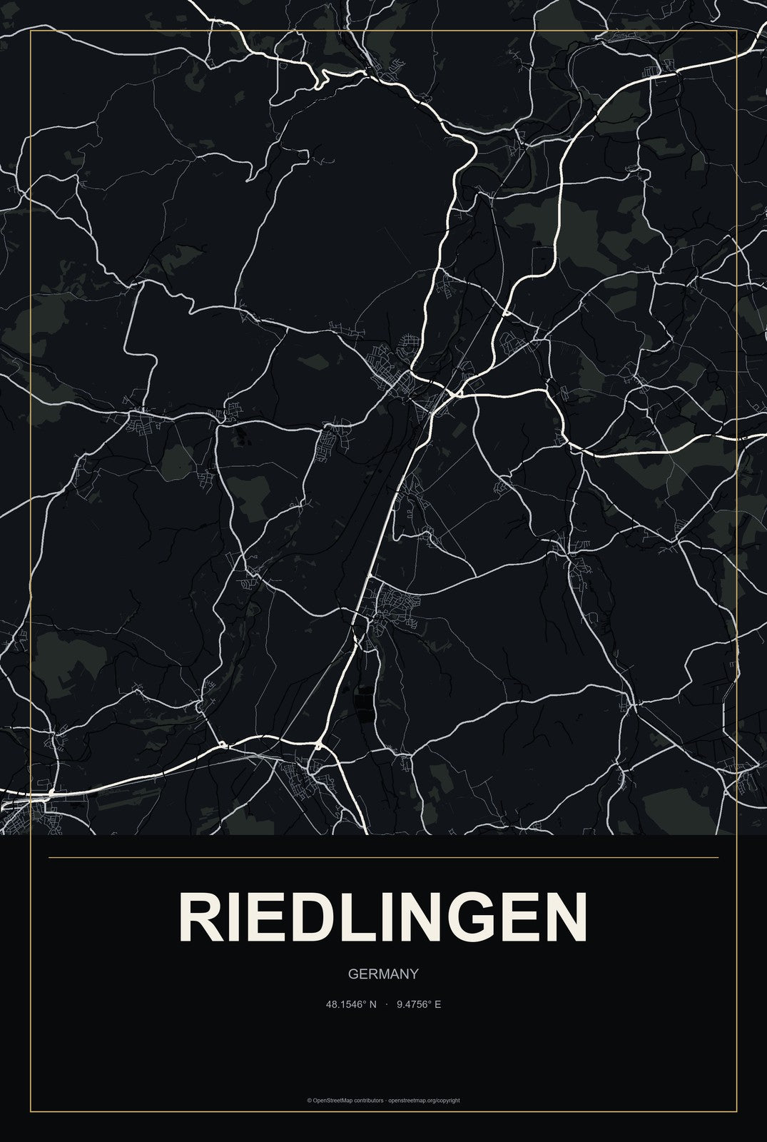Riedlingen, Germany City Map Aluminum Sign in Metropolitan Noir style