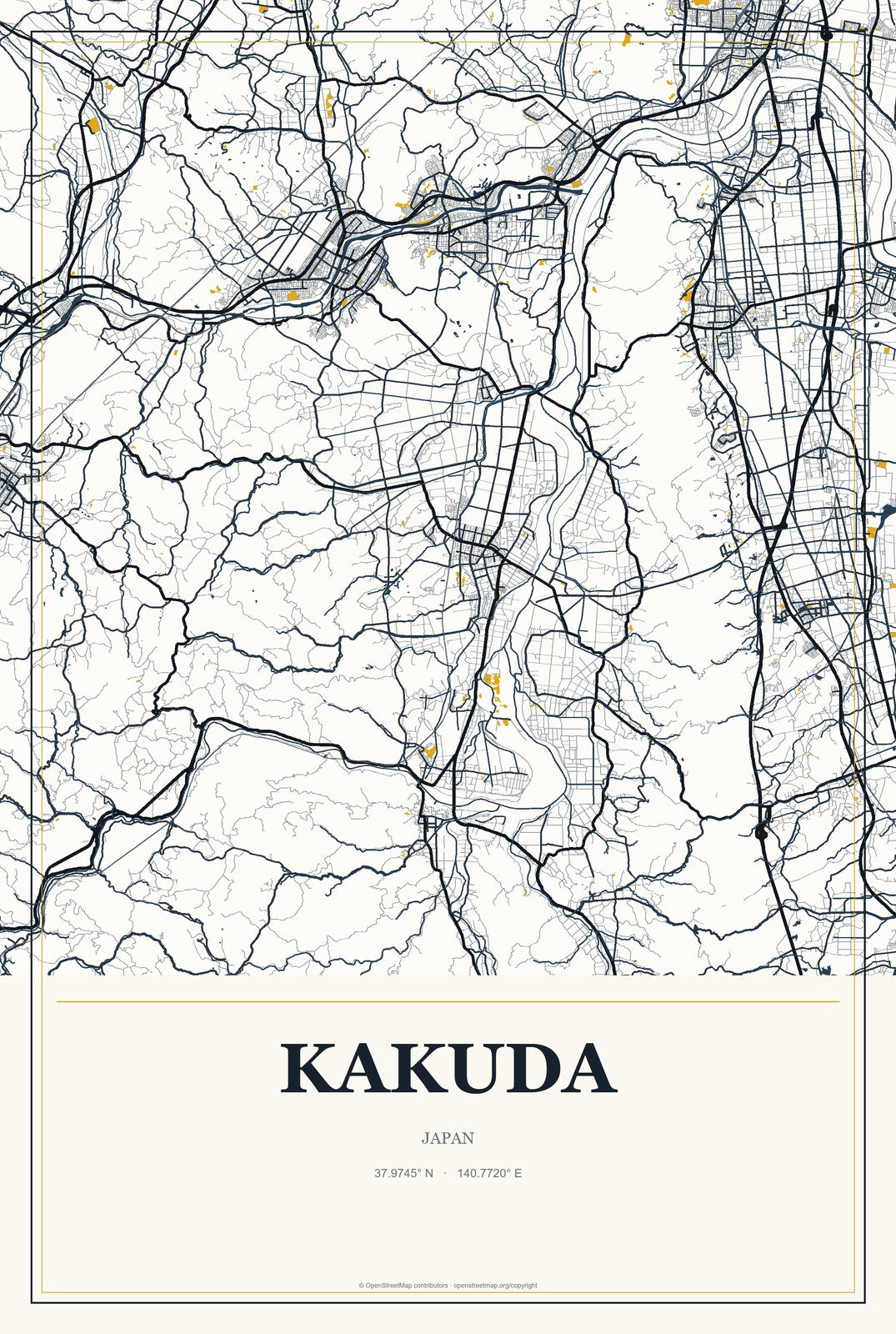 Kakuda, Japan City Map Aluminum Sign in Citrine Modern style