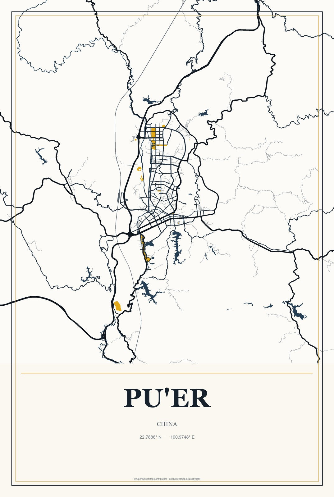 Pu'er, China City Map Aluminum Sign in Citrine Modern style