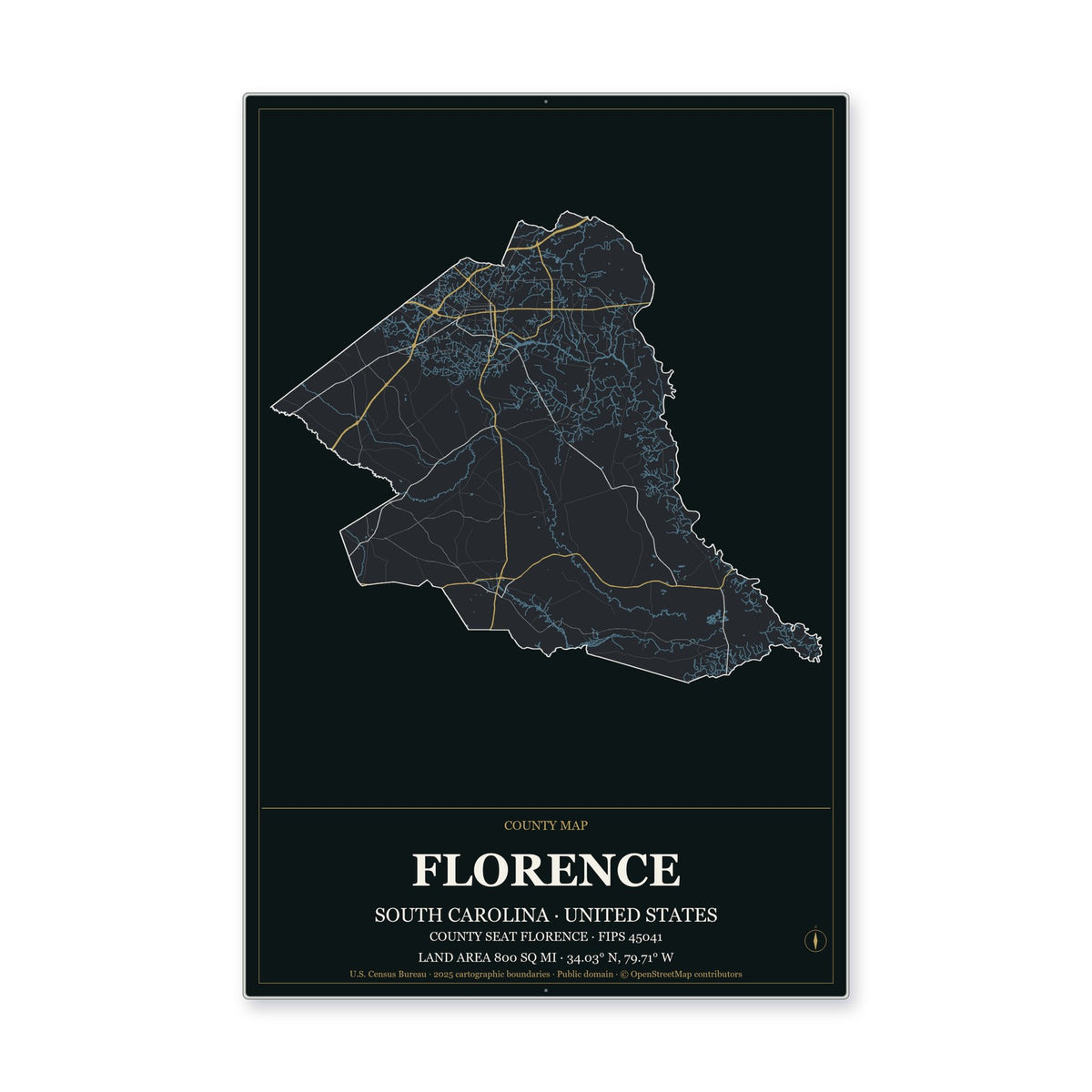 Florence County, South Carolina Map Aluminum Sign in Metropolitan Noir style