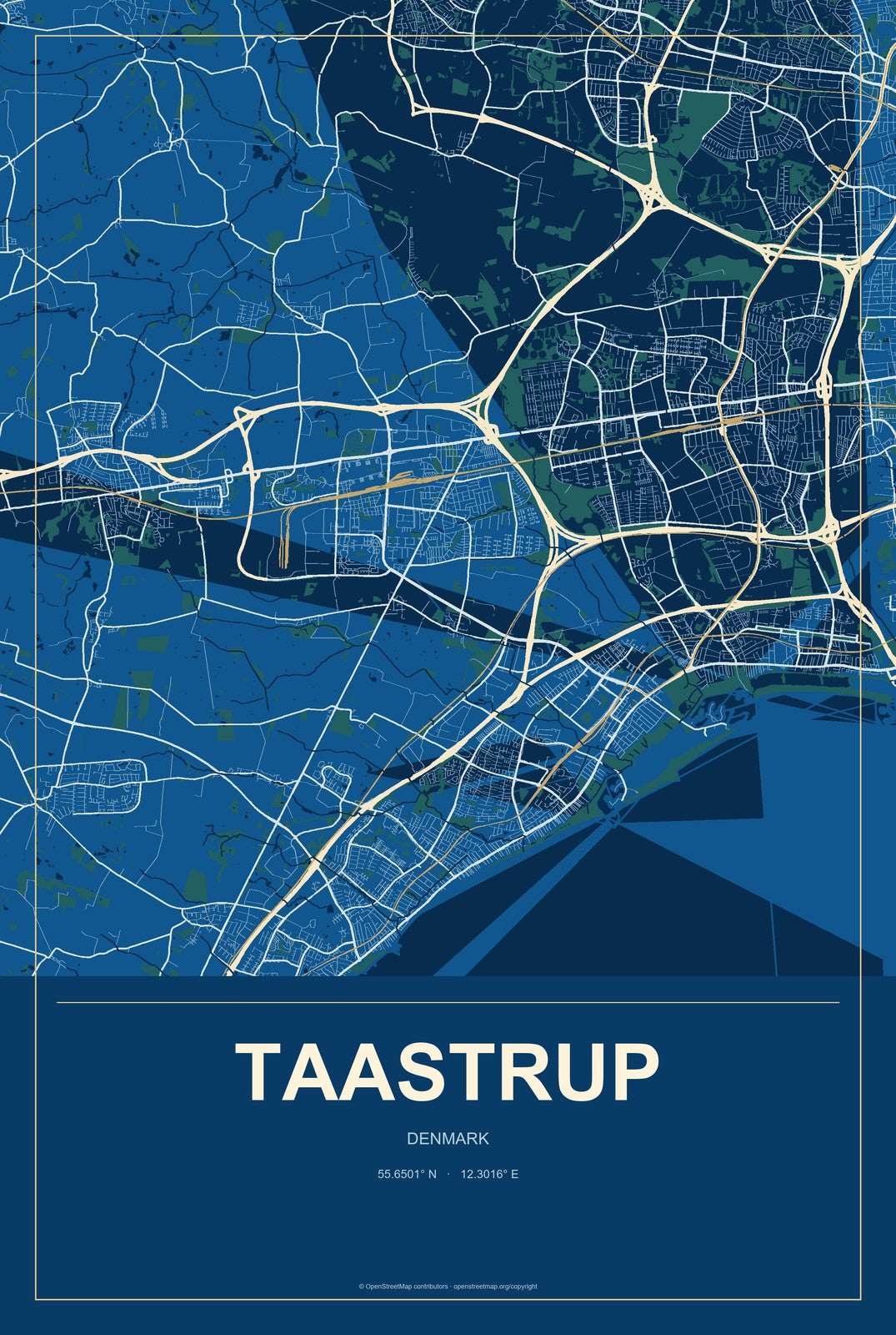 Taastrup, Denmark City Map Aluminum Sign in Harbor Cobalt style
