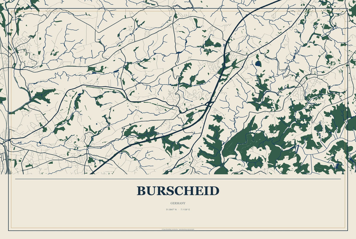 Burscheid, Germany City Map Aluminum Sign in Coastal Cutout style
