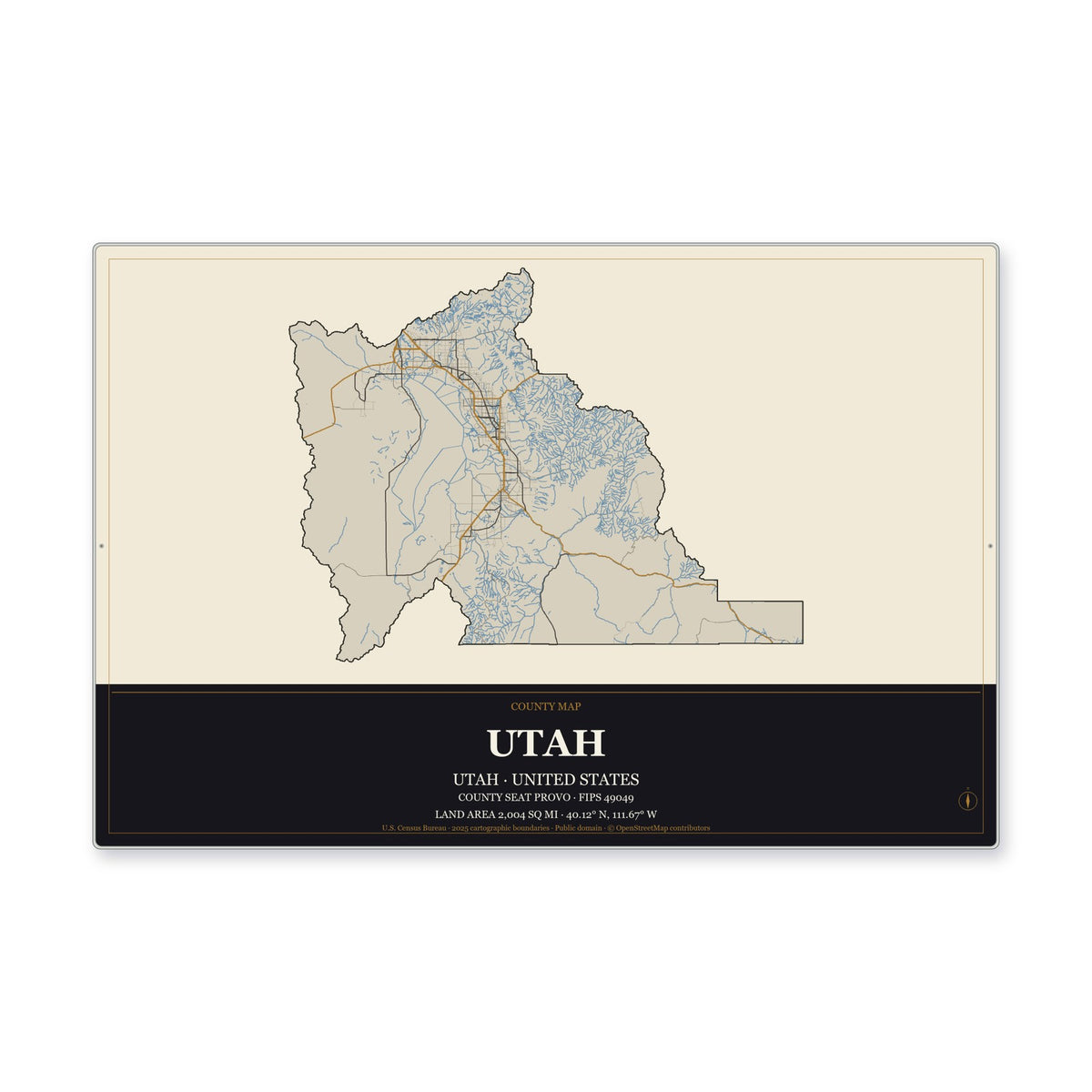 Utah County, Utah Map Aluminum Sign in Museum Plaque style