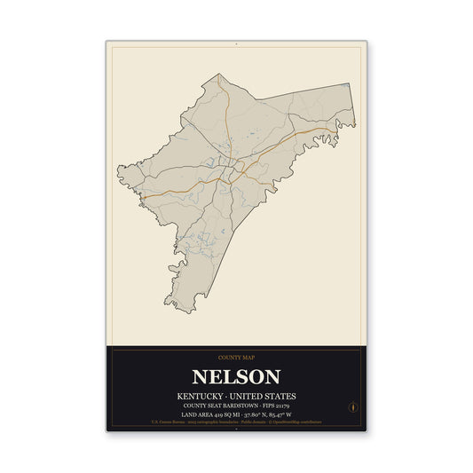 Nelson County, Kentucky Map Aluminum Sign in Museum Plaque style