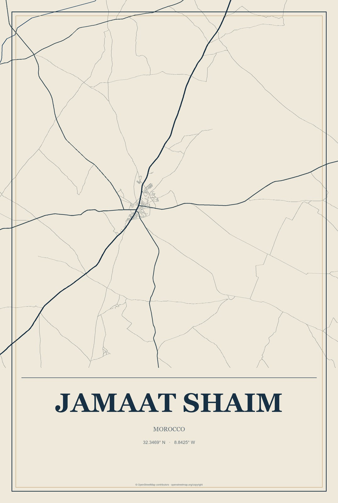 Jamaat Shaim, Morocco City Map Aluminum Sign in Coastal Cutout style