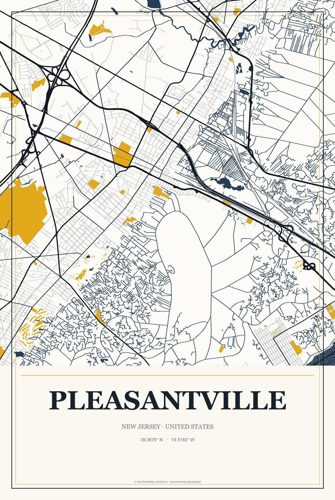 Pleasantville, New Jersey City Map Aluminum Sign in Citrine Modern style