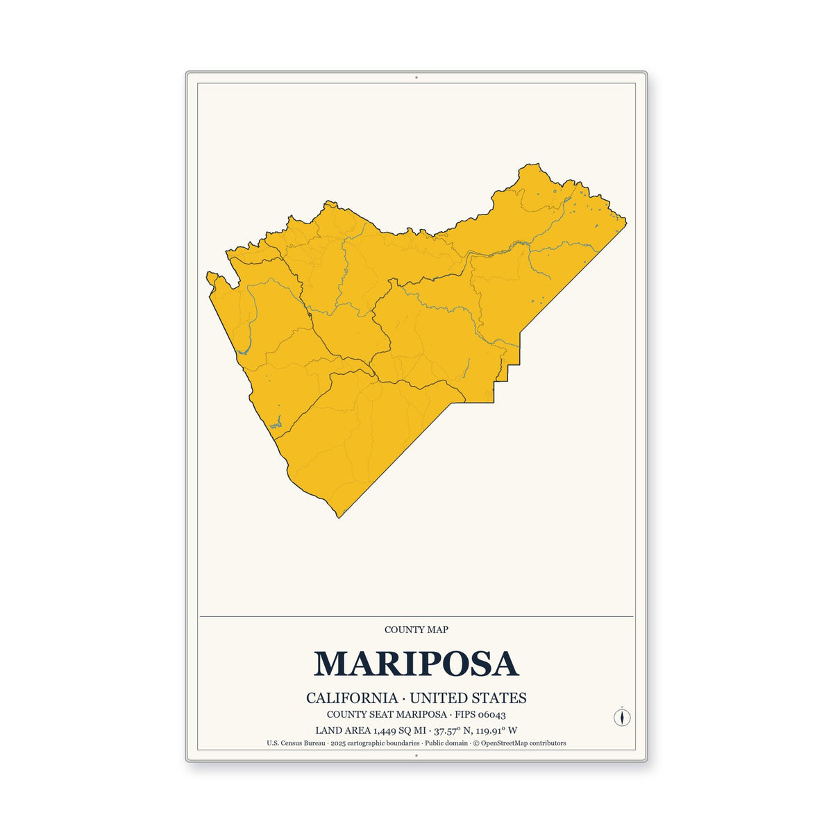 Mariposa County, California Map Aluminum Sign in Citrine Modern style