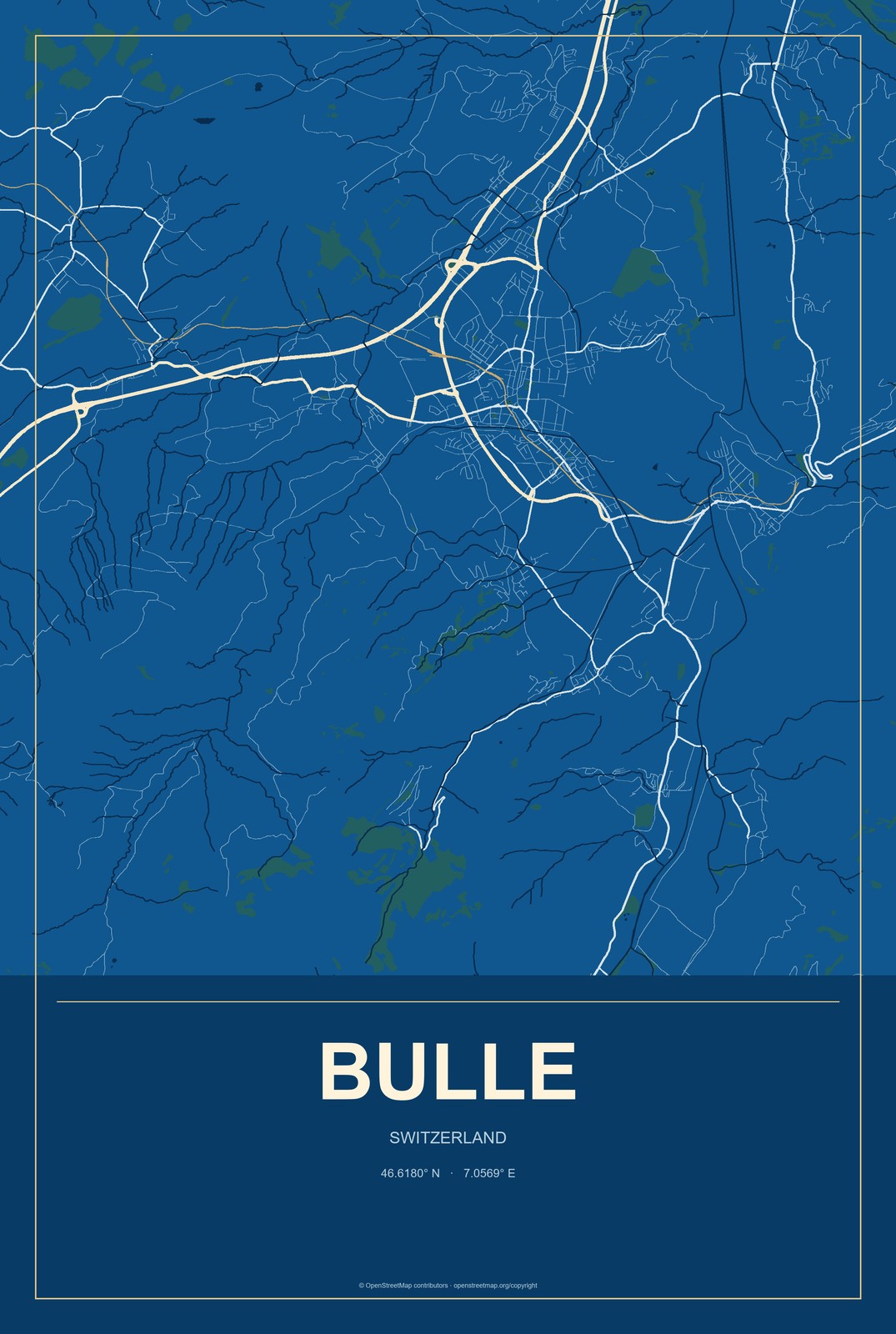 Bulle, Switzerland City Map Aluminum Sign in Harbor Cobalt style