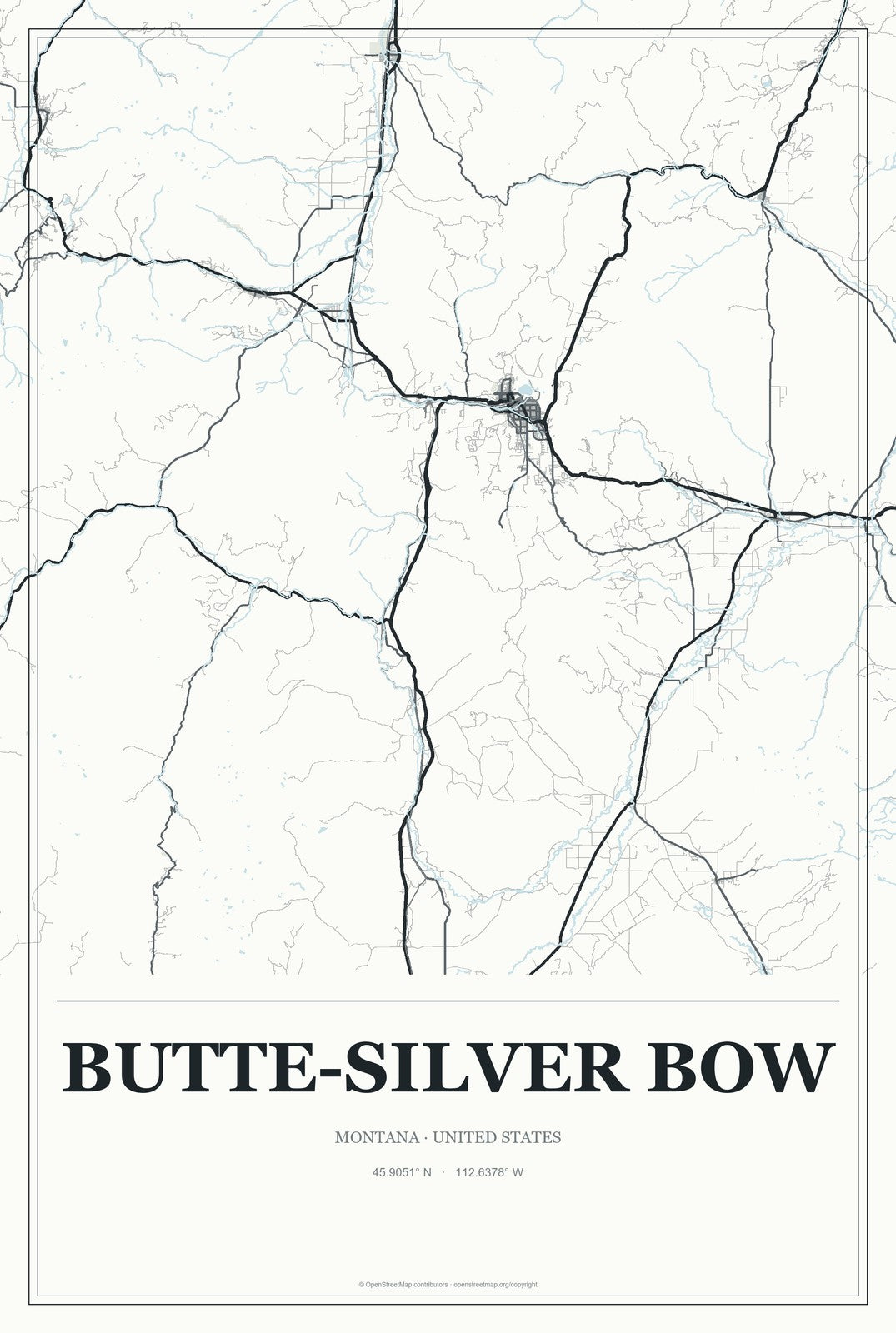 Butte-Silver Bow, Montana City Map Aluminum Sign in Gallery Air style