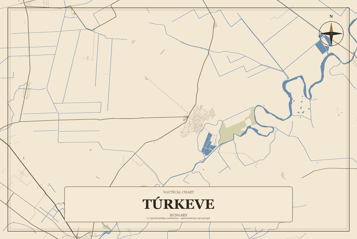 Túrkeve, Hungary City Map Aluminum Sign in Heritage Nautical style