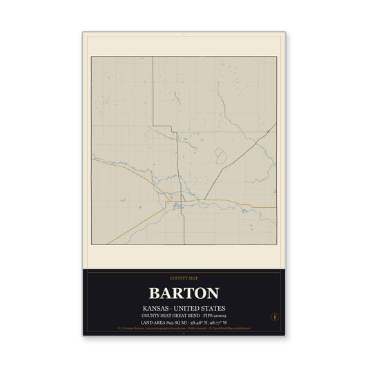 Barton County, Kansas Map Aluminum Sign in Museum Plaque style
