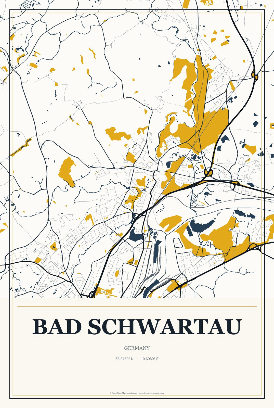 Bad Schwartau, Germany City Map Aluminum Sign in Citrine Modern style