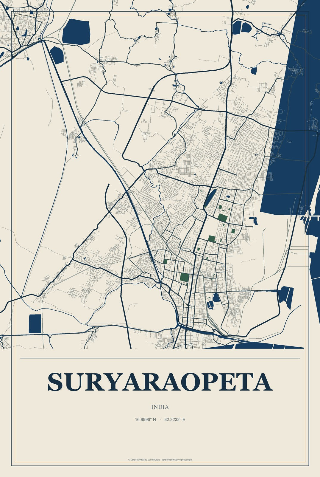 Suryaraopeta, India City Map Aluminum Sign in Coastal Cutout style
