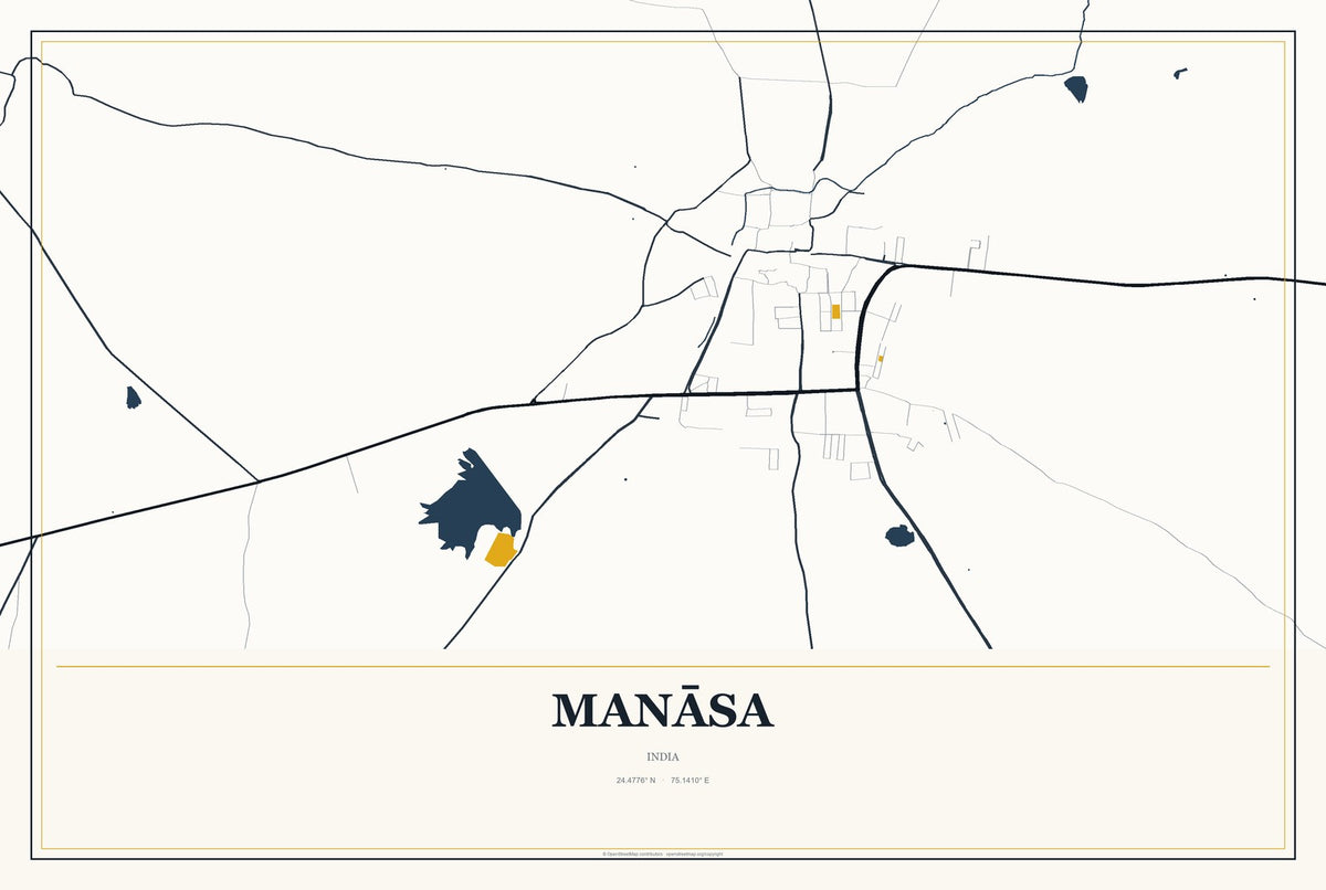 Manāsa, India City Map Aluminum Sign in Citrine Modern style