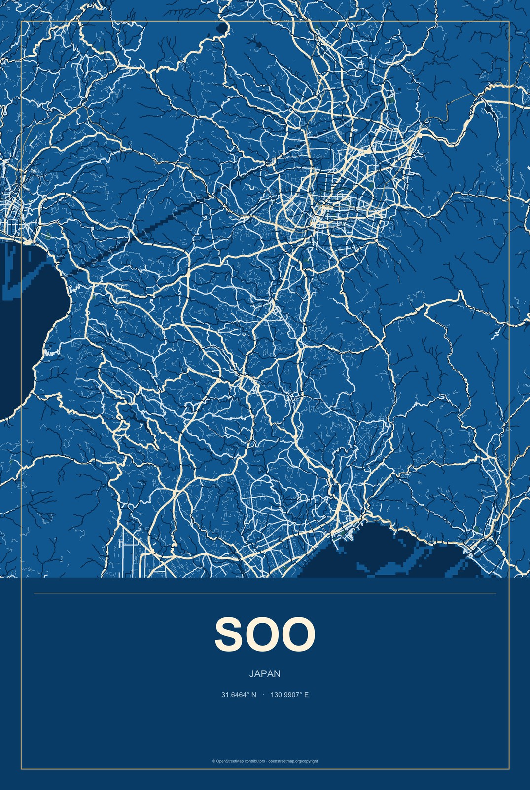Soo, Japan City Map Aluminum Sign in Harbor Cobalt style