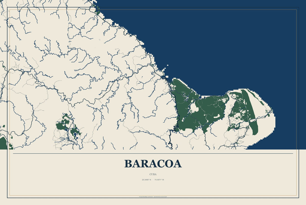 Baracoa, Cuba City Map Aluminum Sign in Coastal Cutout style