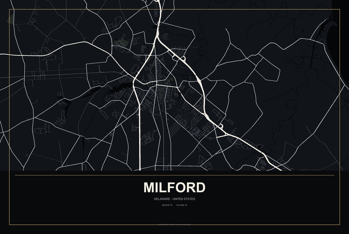 Milford, Delaware City Map Aluminum Sign in Metropolitan Noir style
