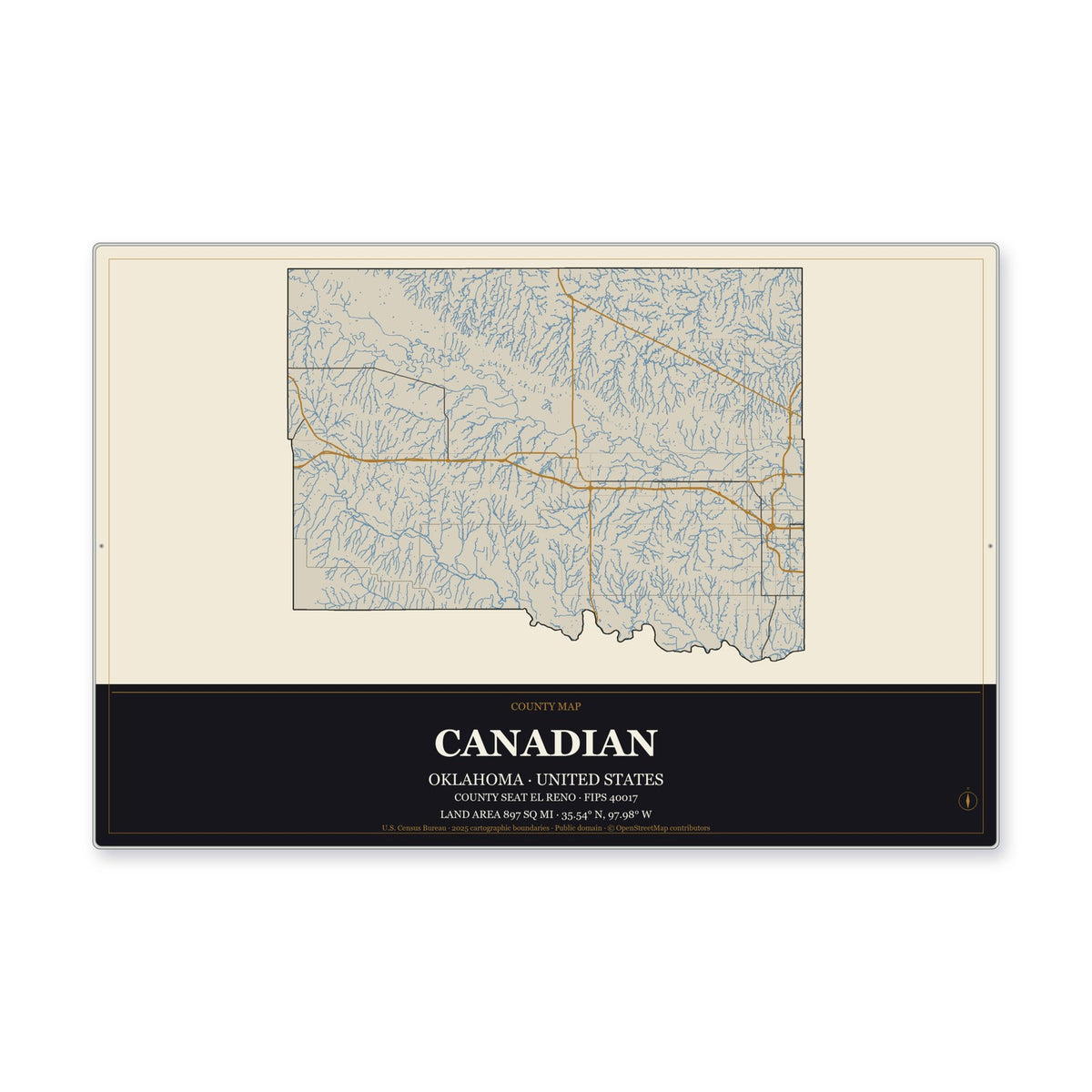 Canadian County, Oklahoma Map Aluminum Sign in Museum Plaque style