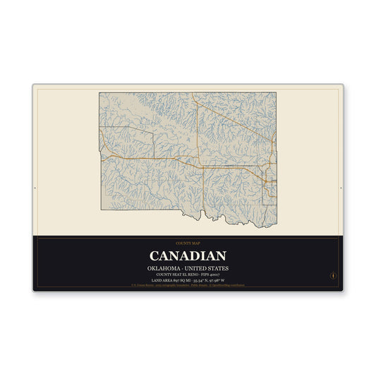Canadian County, Oklahoma Map Aluminum Sign in Museum Plaque style