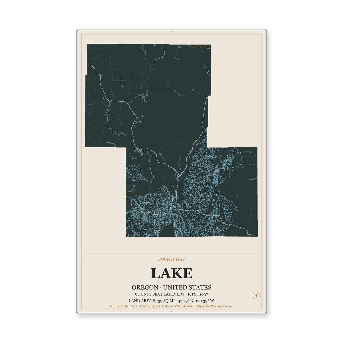 Lake County, Oregon Map Aluminum Sign in Headline Atlas style