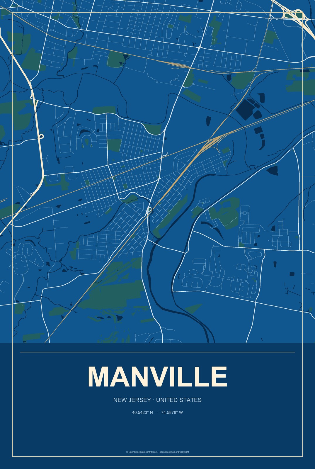 Manville, New Jersey City Map Aluminum Sign in Harbor Cobalt style