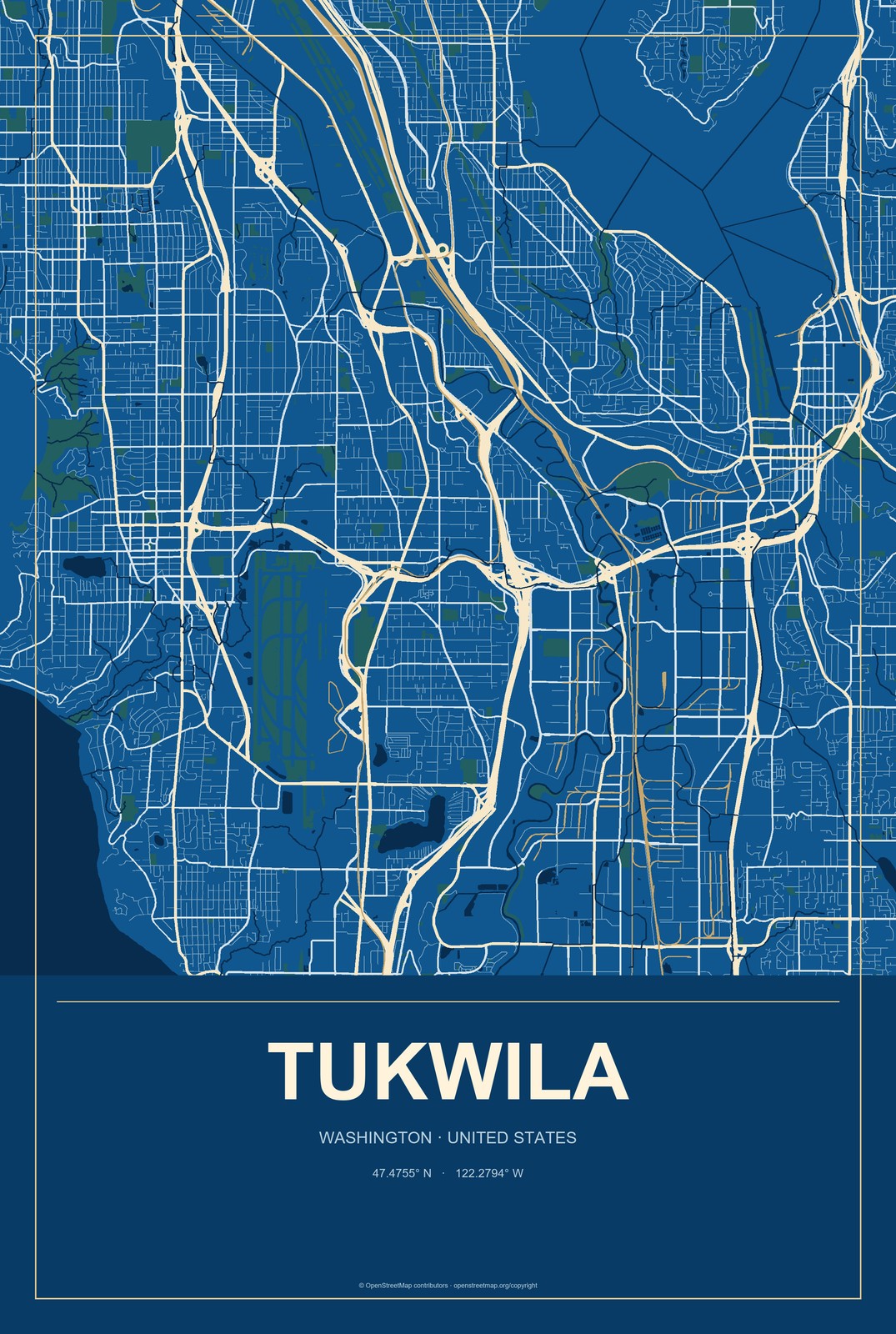 Tukwila, Washington City Map Aluminum Sign in Harbor Cobalt style