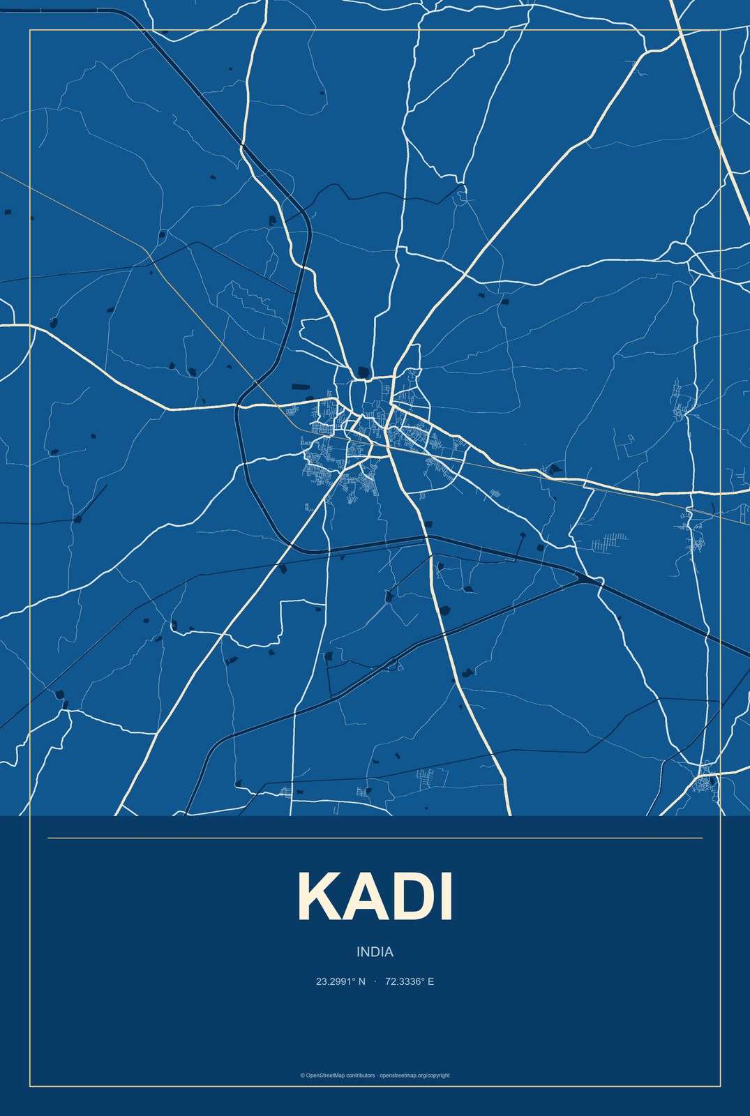 Kadi, India City Map Aluminum Sign in Harbor Cobalt style