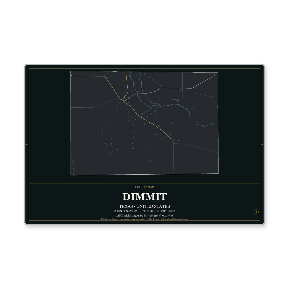 Dimmit County, Texas Map Aluminum Sign in Metropolitan Noir style