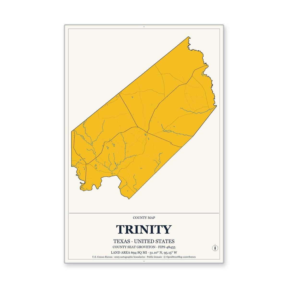 Trinity County, Texas Map Aluminum Sign in Citrine Modern style