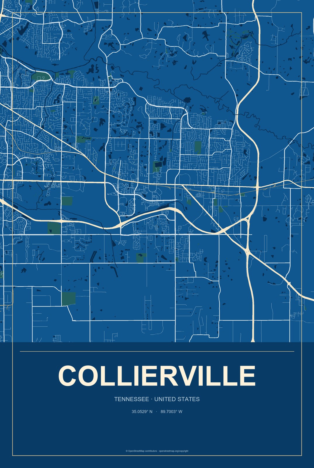 Collierville, Tennessee City Map Aluminum Sign in Harbor Cobalt style