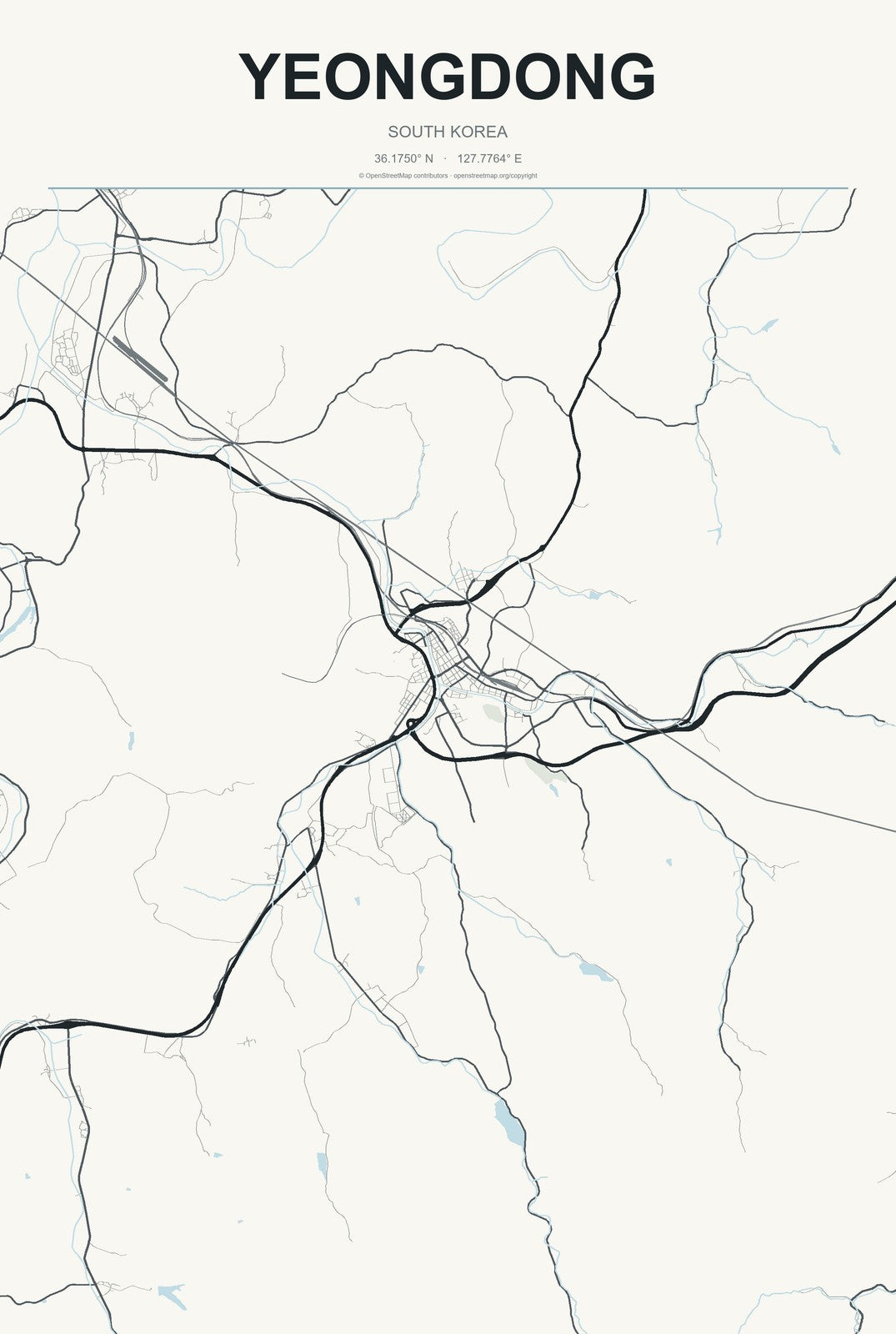 Yeongdong, South Korea City Map Aluminum Sign in Headline Atlas style