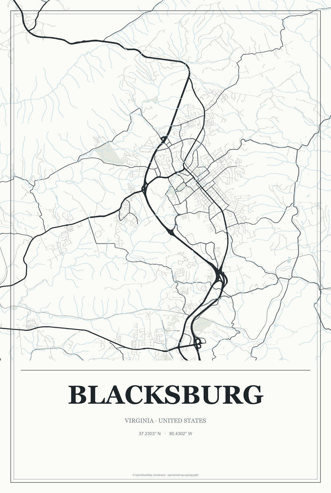 Blacksburg, Virginia City Map Aluminum Sign in Gallery Air style