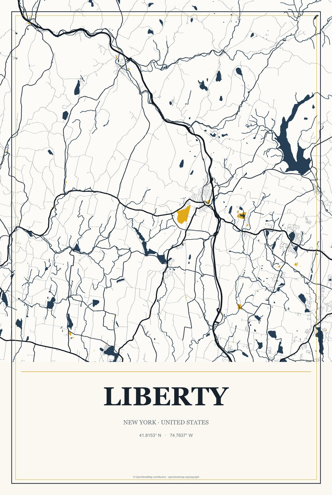 Liberty, New York City Map Aluminum Sign in Citrine Modern style