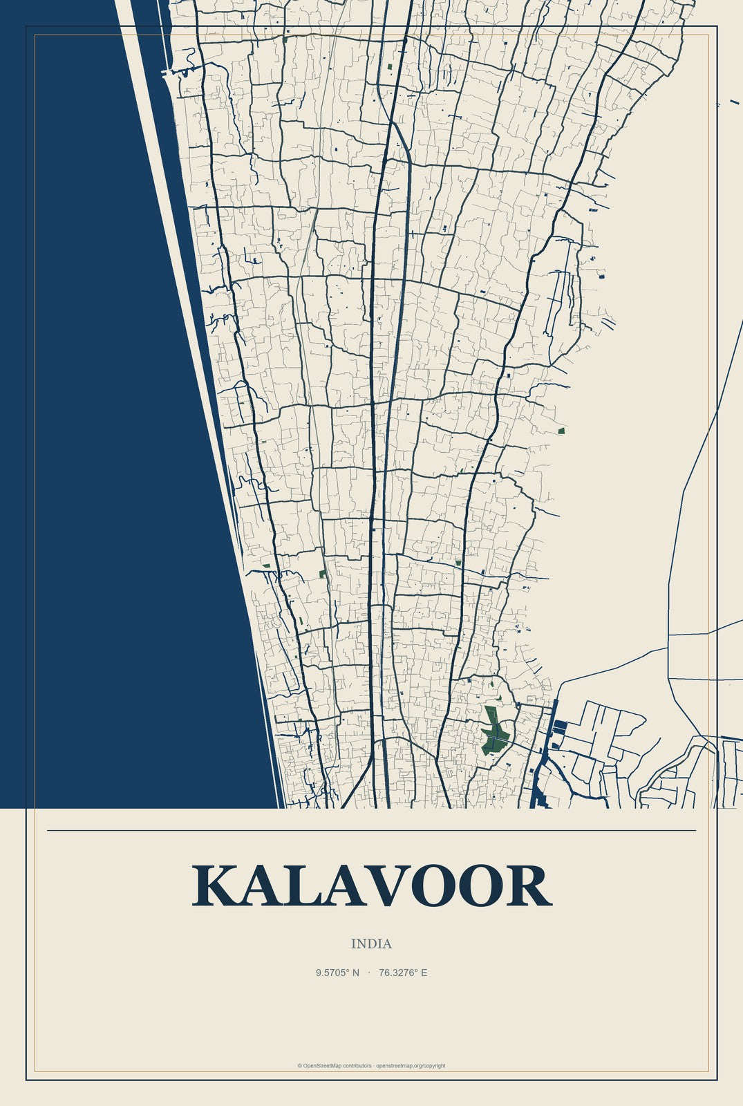 Kalavoor, India City Map Aluminum Sign in Coastal Cutout style
