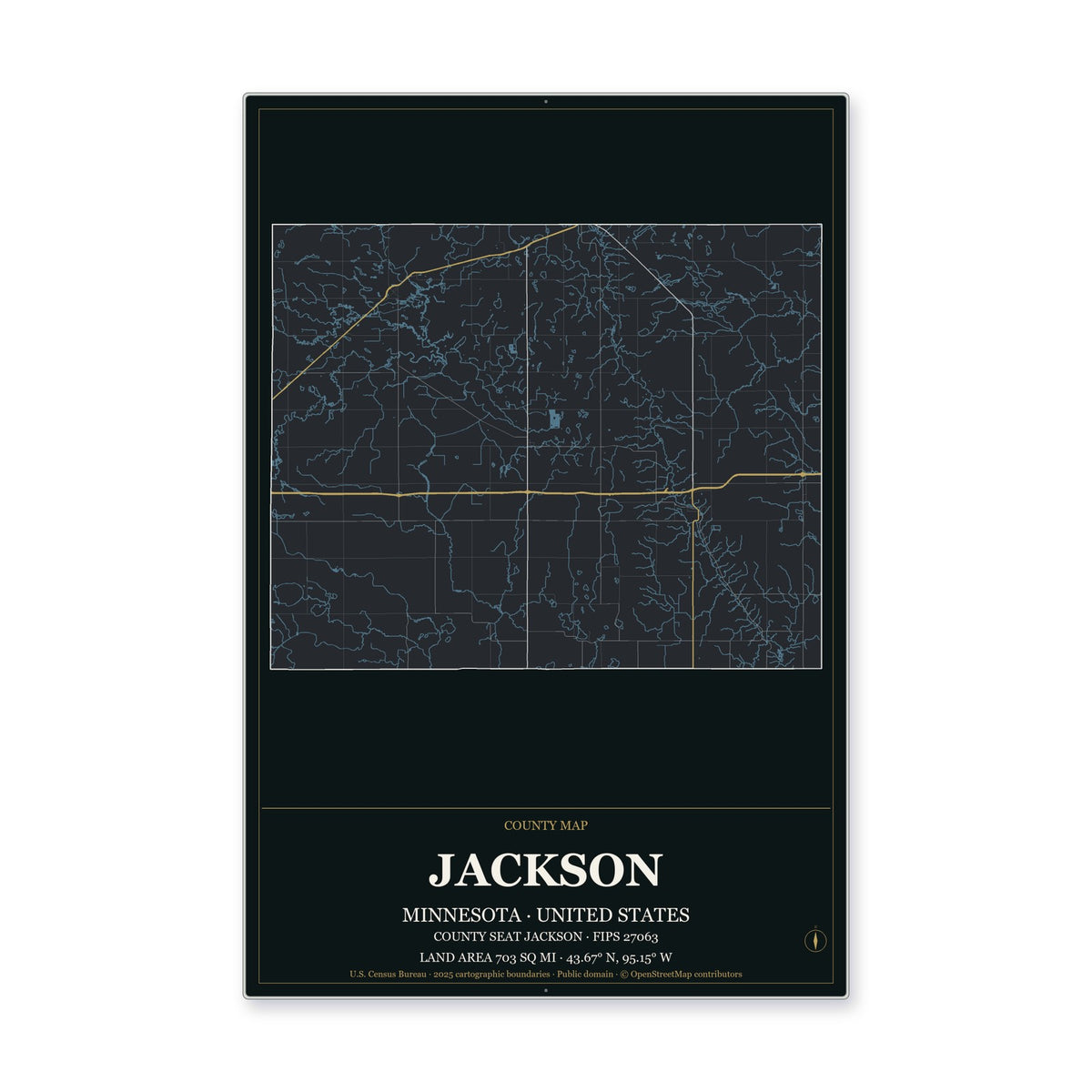 Jackson County, Minnesota Map Aluminum Sign in Metropolitan Noir style