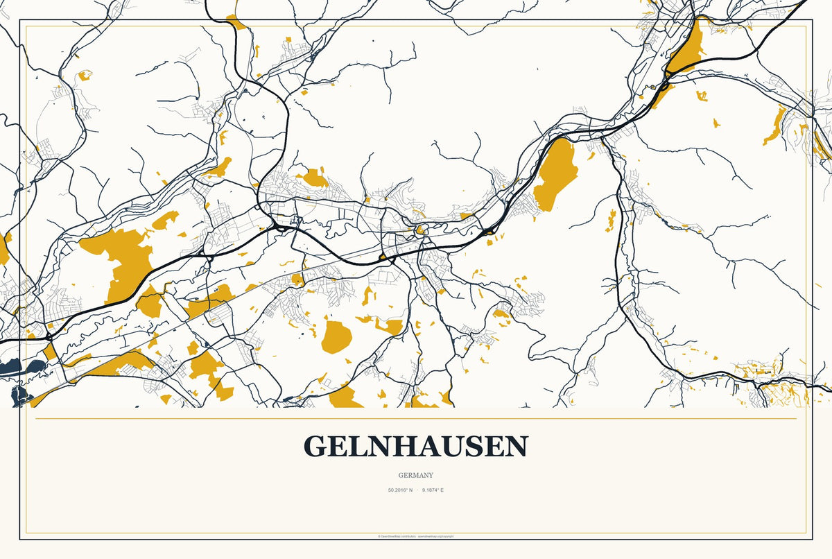 Gelnhausen, Germany City Map Aluminum Sign in Citrine Modern style