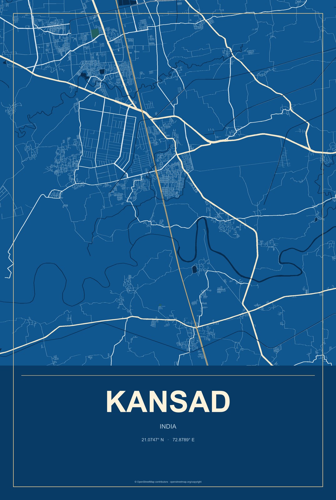 Kansad, India City Map Aluminum Sign in Harbor Cobalt style