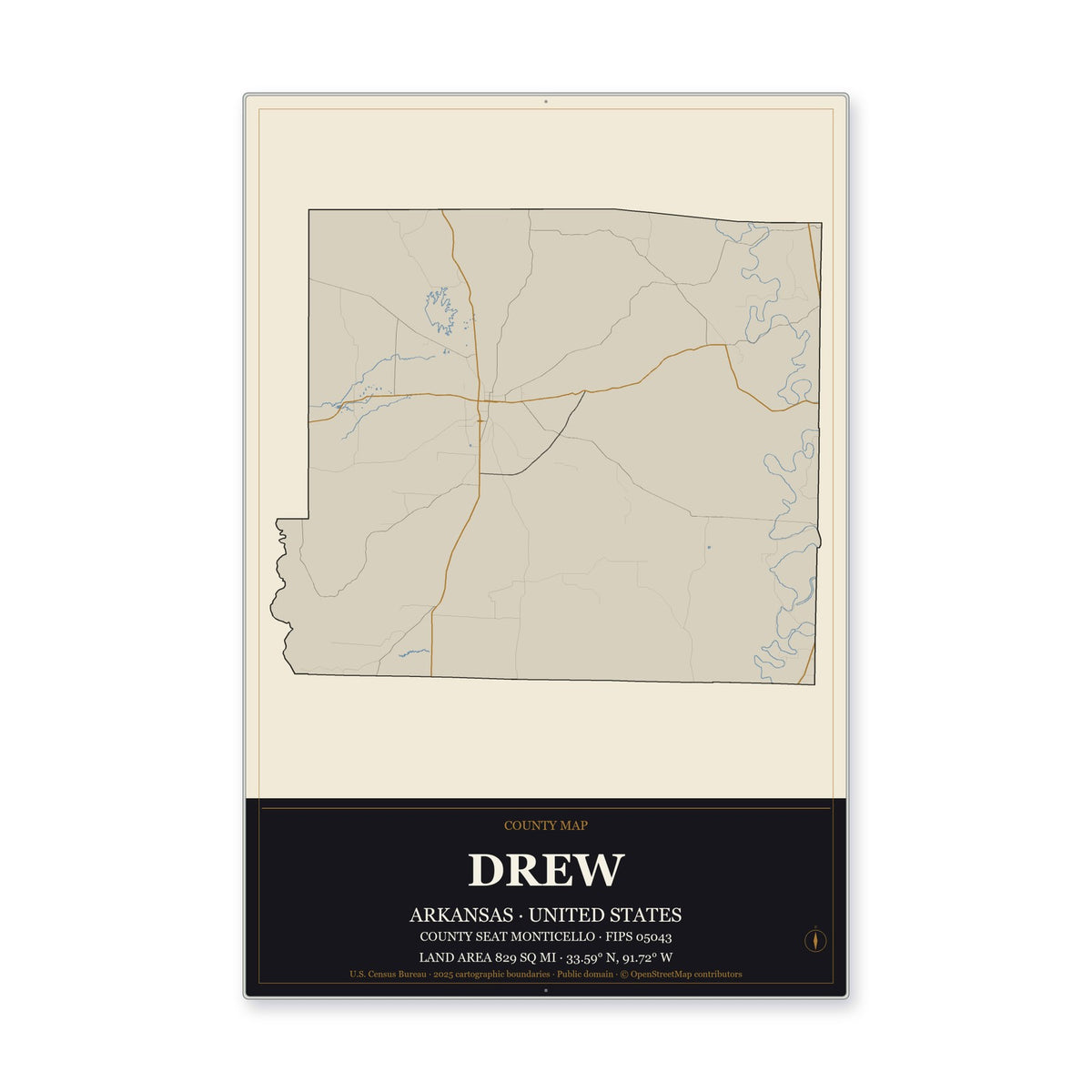 Drew County, Arkansas Map Aluminum Sign in Museum Plaque style