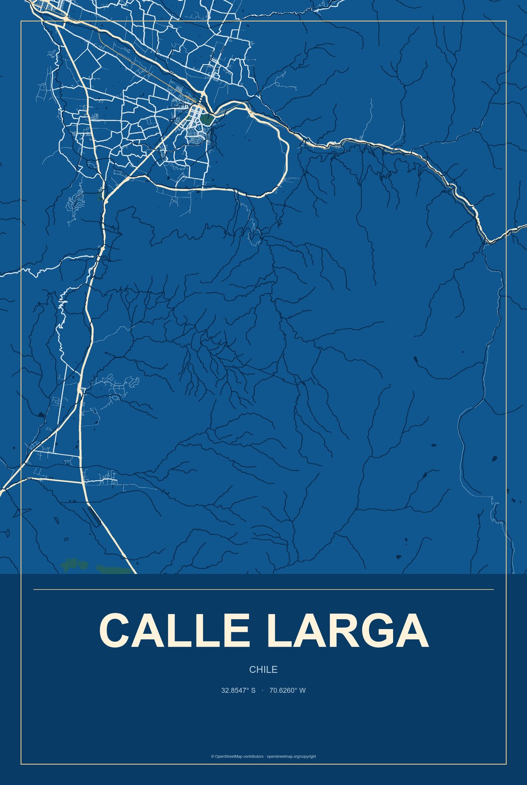 Calle Larga, Chile City Map Aluminum Sign in Harbor Cobalt style