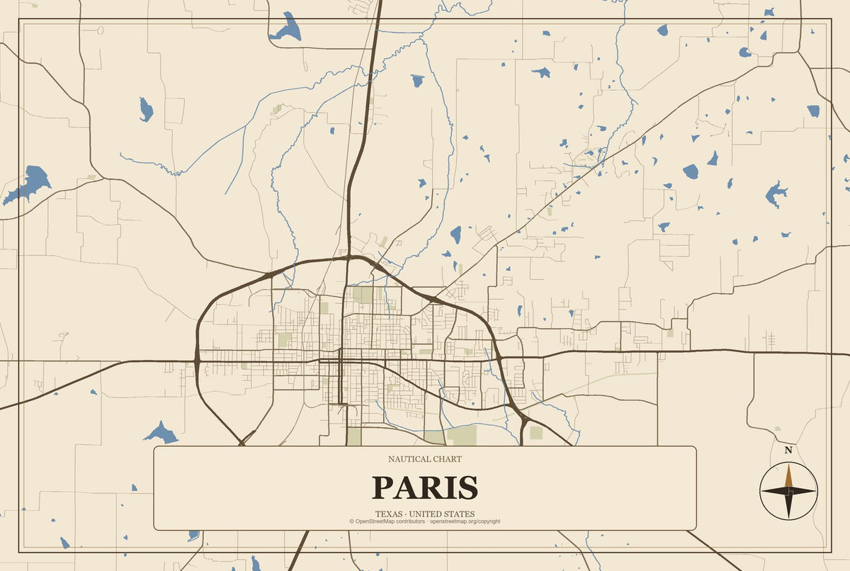 Paris, Texas City Map Aluminum Sign in Heritage Nautical style