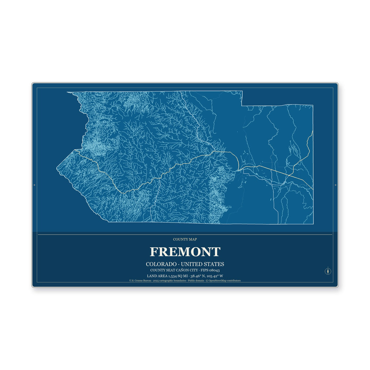Fremont County, Colorado Map Aluminum Sign in Harbor Cobalt style