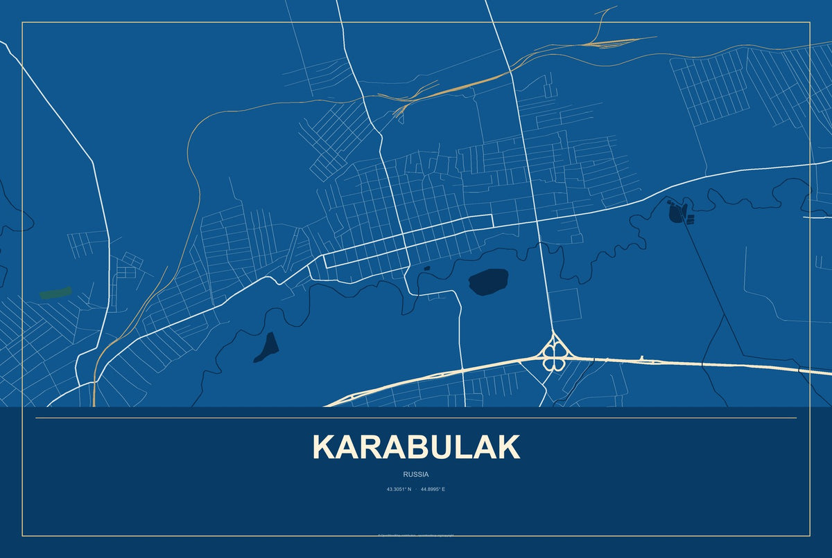 Karabulak, Russia City Map Aluminum Sign in Harbor Cobalt style