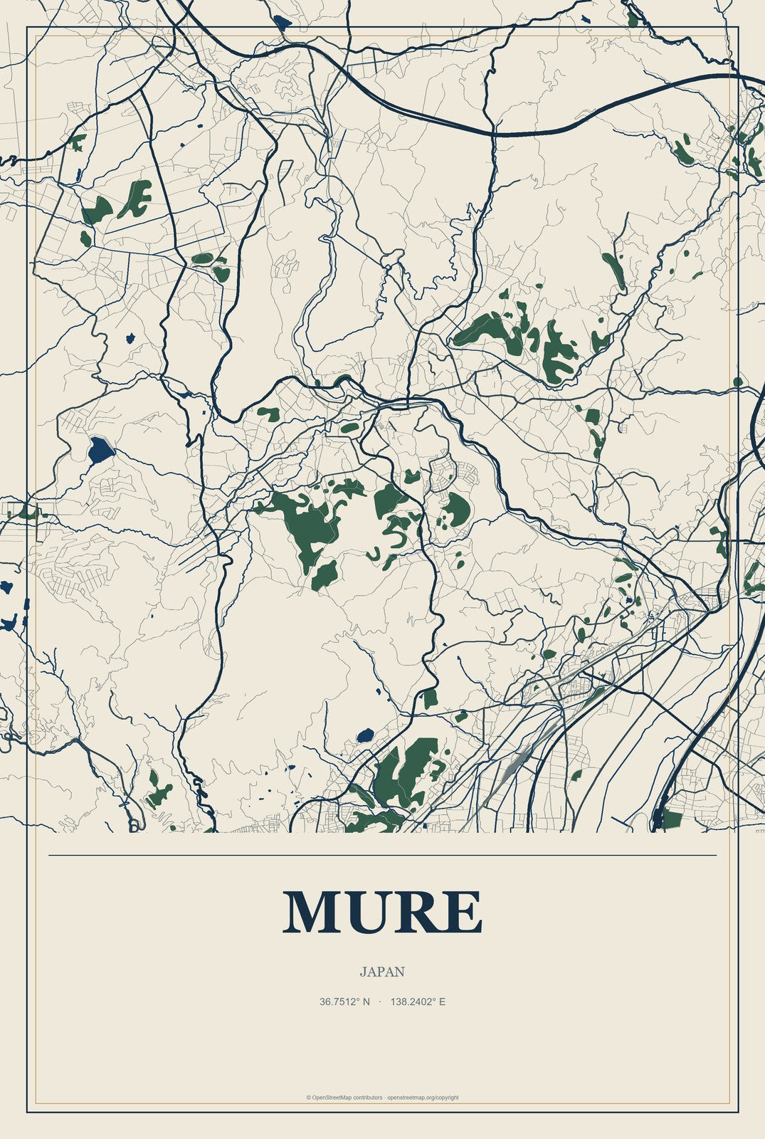 Mure, Japan City Map Aluminum Sign in Coastal Cutout style