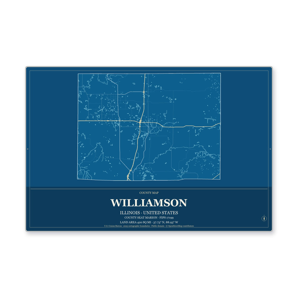 Williamson County, Illinois Map Aluminum Sign in Harbor Cobalt style