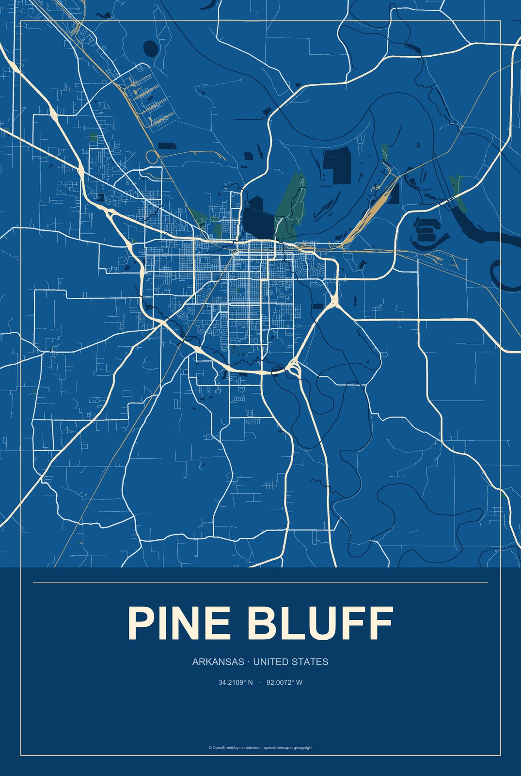 Pine Bluff, Arkansas City Map Aluminum Sign in Harbor Cobalt style