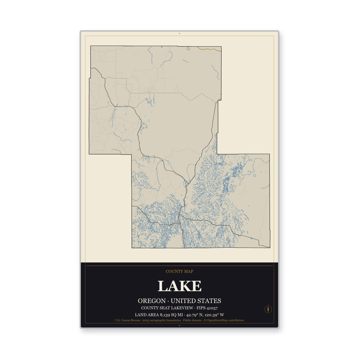 Lake County, Oregon Map Aluminum Sign in Museum Plaque style